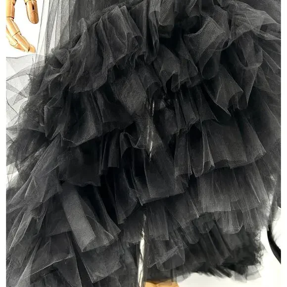 Black Tulle Ruffle High-Low Evening Gown with Interior Mini Dress Slip - Picture 4 of 7